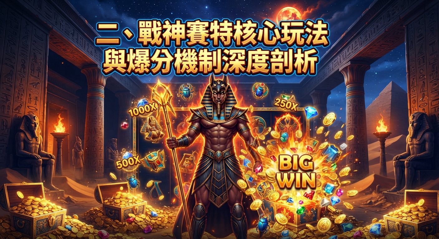 這是一張以埃及神話戰神賽特為主題的遊戲宣傳圖片。 畫面中展示了賽特核心玩法、寶箱與豐富的爆分機制標題。