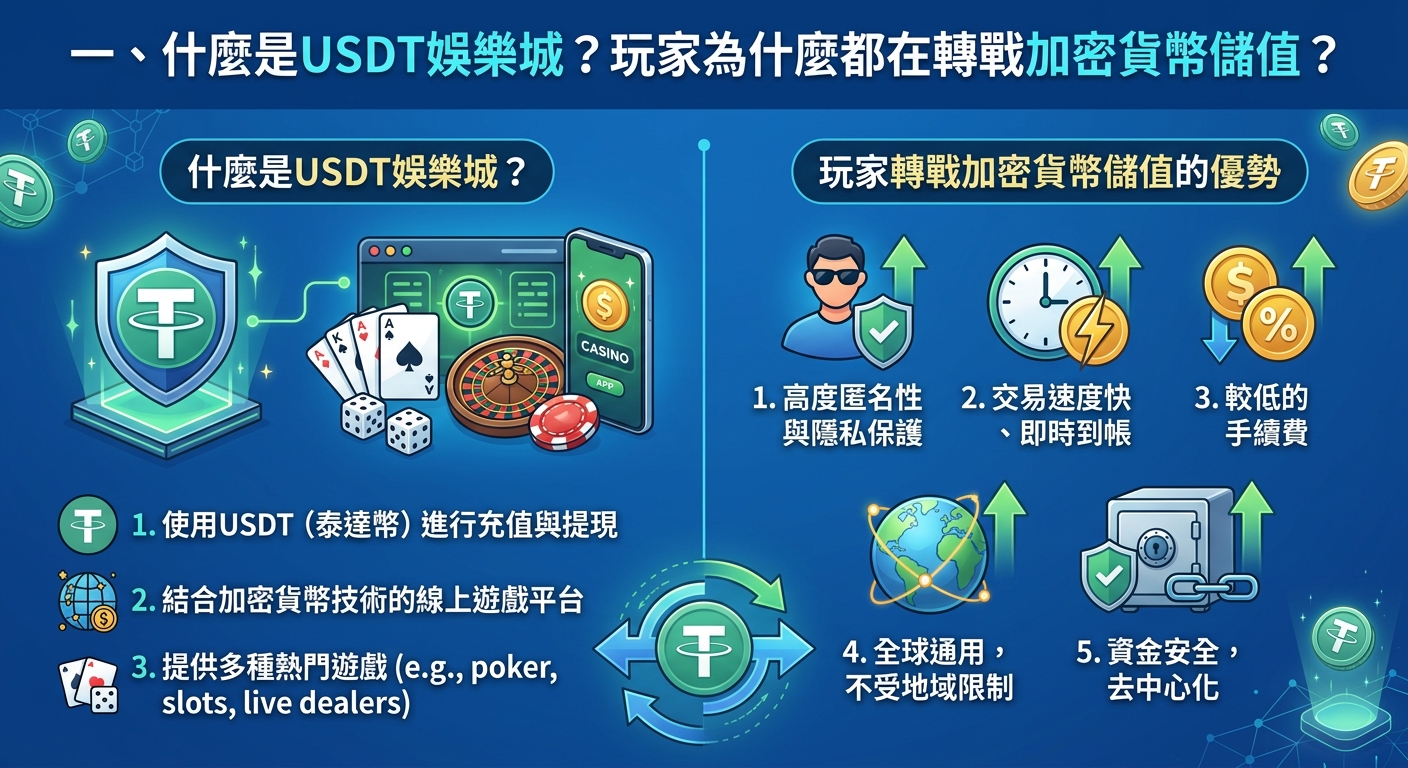 這張圖片採用科技感十足的藍色調設計，頂部標題為「一、什麼是USDT娛樂城？玩家為什麼都在轉戰加密貨幣儲值？」。 畫面向左與向右分為兩大區塊，結合了泰達幣（USDT）、安全盾牌、撲克牌與晶片等圖示，清晰介紹了USDT娛樂城的定義及其匿名、快速到帳與安全等優勢。