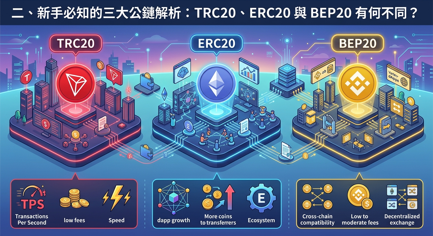 圖片說明  這張圖以科技感十足的 3D 展台展示 TRC20、ERC20 與 BEP20 三大公鏈，呈現各區塊鏈的生態特色。 下方配有清晰的圖示，直觀對比三者的傳輸速度、手續費高低與跨鏈應用等關鍵差異。