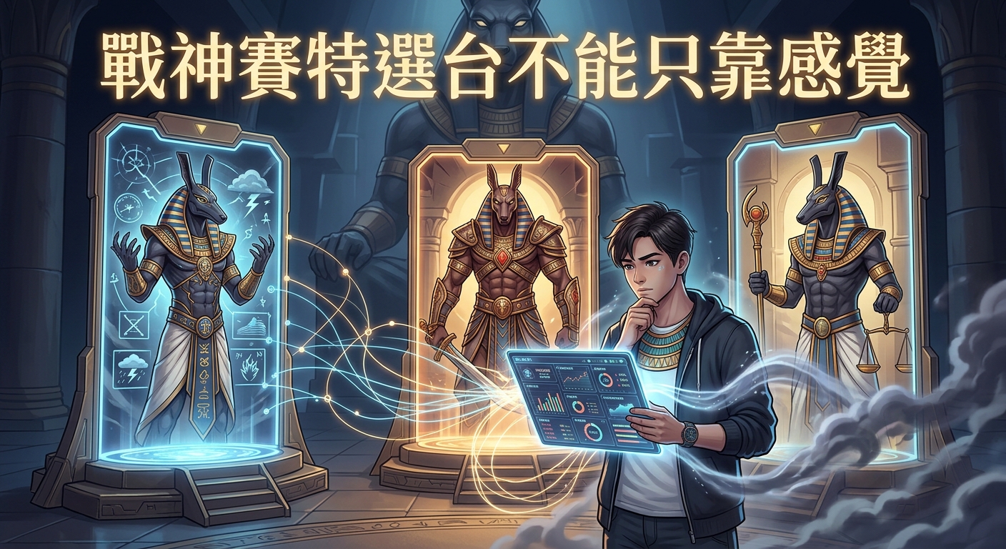 圖片展示一名男子正透過全息平板進行數據分析，背後矗立著三尊散發科技光芒的古埃及神像。 頂部標題「戰神賽特選台不能只靠感覺」點明了主題，強調做出選擇必須仰賴理性數據而非單憑直覺。